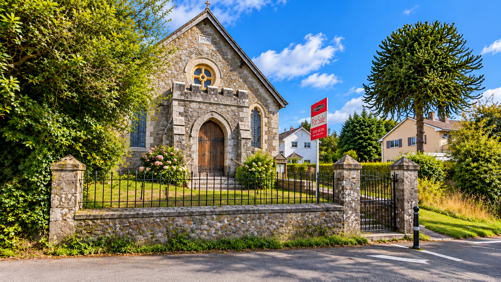 The 1906 chapel at Whiddon Down with a For Sale sign